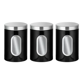  3 парче кухненски кутии комплект черна неръждаема стомана, подходяща за захар, чай, кафе и др -Multi храна съхранение буркани