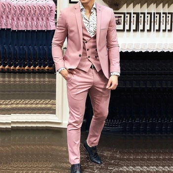 3 парче яке панталони жилетка розови мъжки костюми еднореден назъбен ревера тънък елегантен пълен комплект сватбен младоженец комплект Chaleco Hombre