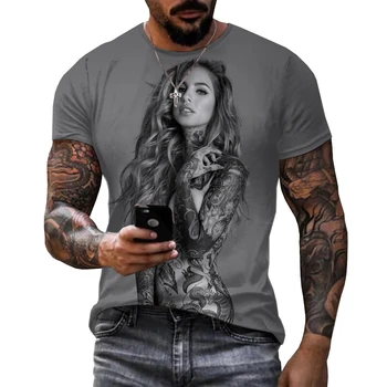 Cool лятна мода секси татуировка модел 3d отпечатани мъже тениска 2023 Нова тенденция случайни кръг врата извънгабаритни тениска горещи продажба