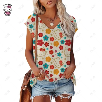 Summer дамски модни тенденции без ръкави тениска Hello Kitty печат жените Crewneck без ръкави Топ празник без ръкави жилетка