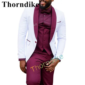 Thorndike случайни мъже сватба костюм младоженец смокинг яке комплект по поръчка шал ревера пачуърк нетактичност жилетка панталони