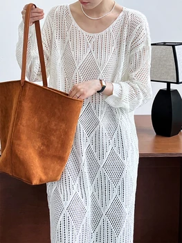 Дамски 2023 есен лек плетене на една кука Midi пуловер рокля дълъг ръкав кимоно Boho
