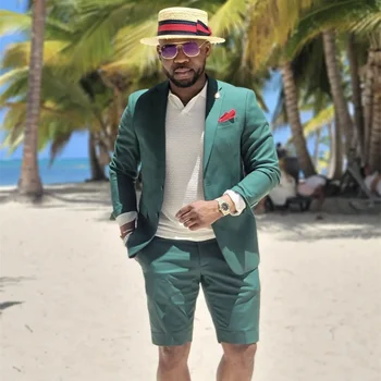 Зелен мъжки костюм Tuxedo Summer Notched Lapel Blazer с къси панталони Персонализиран моден плаж Slim Fit 2 Piece Casual мъжки комплект