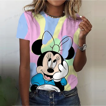 Лято Нова мода Disney Мини Мики Маус печат Дамско облекло Ежедневни тениски удобни къс ръкав отгоре Daily Hot