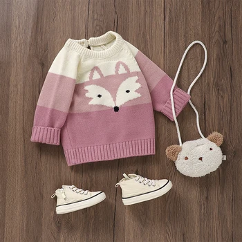 Малко дете бебе плетени пуловери сладък дълъг ръкав контраст цвят лисица пуловер върховете малко дете суитчъри за есента