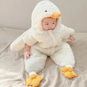 Новородено бебе гащеризон есен и зима бебе агнешко плюшен спален чувал голям бяла гъска пингвин топъл детски комплект