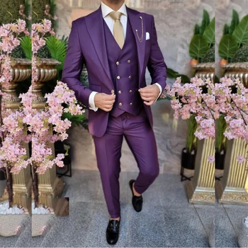 Разкошен лилав мъжки костюми еднореден връх ревера тънък годни плосък редовен дължина3 парче яке панталони жилетка офис нетактичност